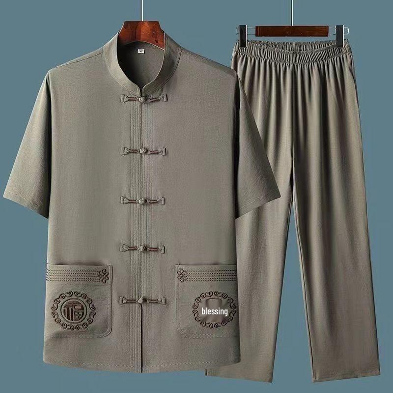 Men's Chinese-Style Tang Suit Ice Linen Short-Sleeve Set – Casual Summer Wear for Middle-Aged and Seniors