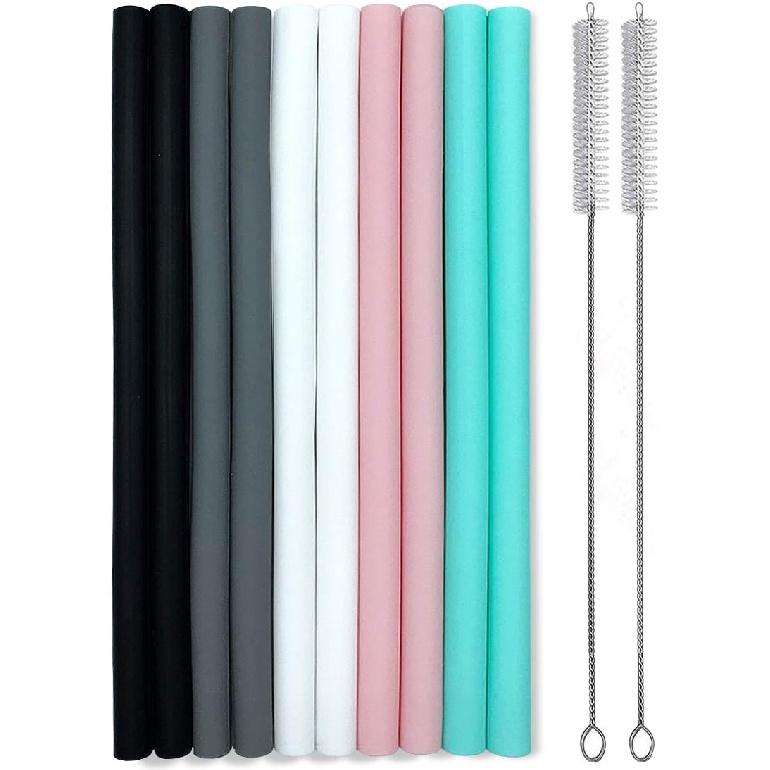 Silicone Straws Set of 10 Straight Smoothies Straws Large Silicon Reble Drinking Straws with Cleaning Brushes Extra Long for 20oz and 30oz Tumbler -