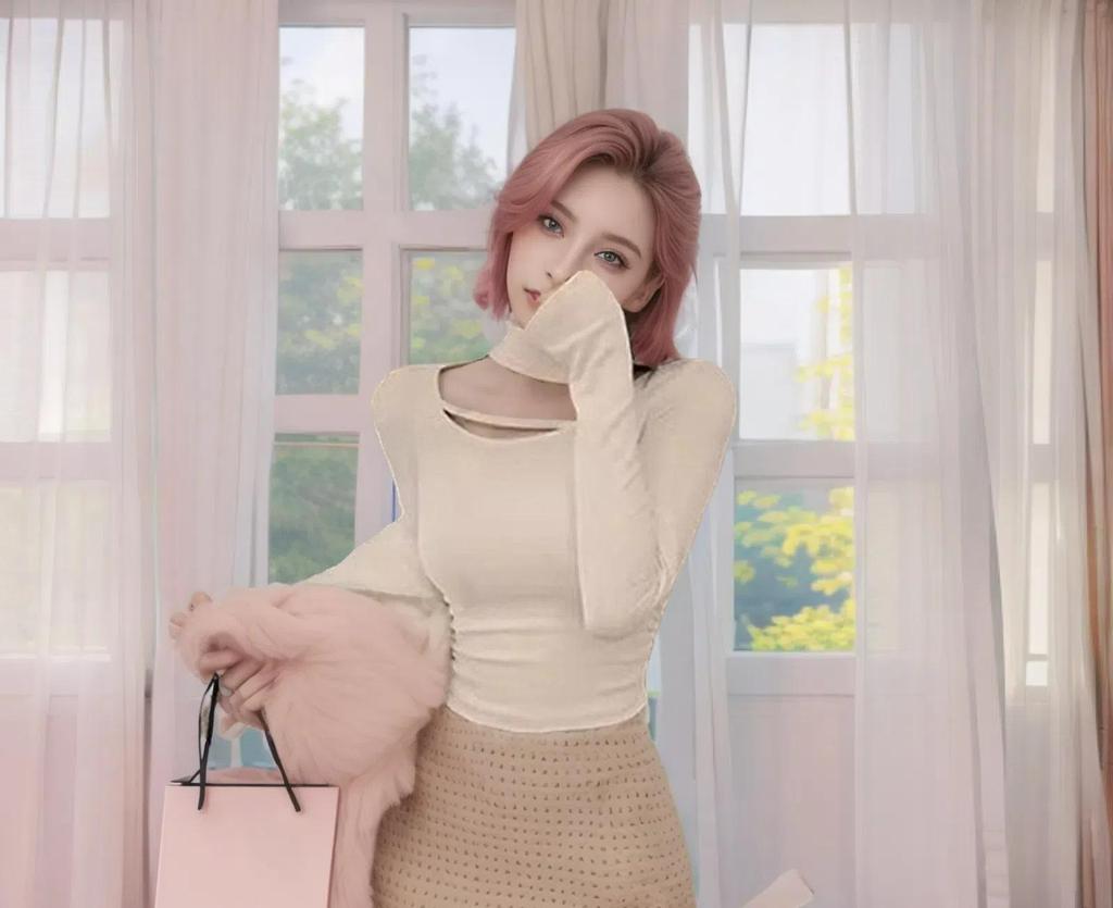 2024 Chic Sweet & Spicy Girl Semi-High Neck Slim Fit Long Sleeve T-Shirt