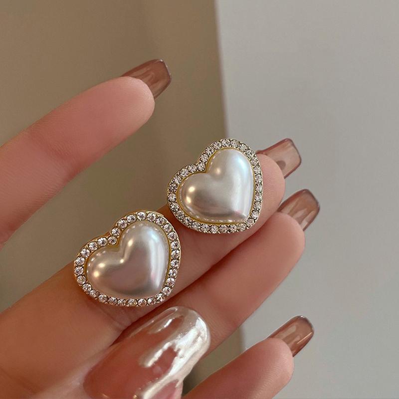 Серьги-гвоздики в корейском стиле в виде лаконичного сердца с жемчугом для женщин, милые серьги-гвоздики с цветком и цирконом, геометрические, для вечеринки для девушки