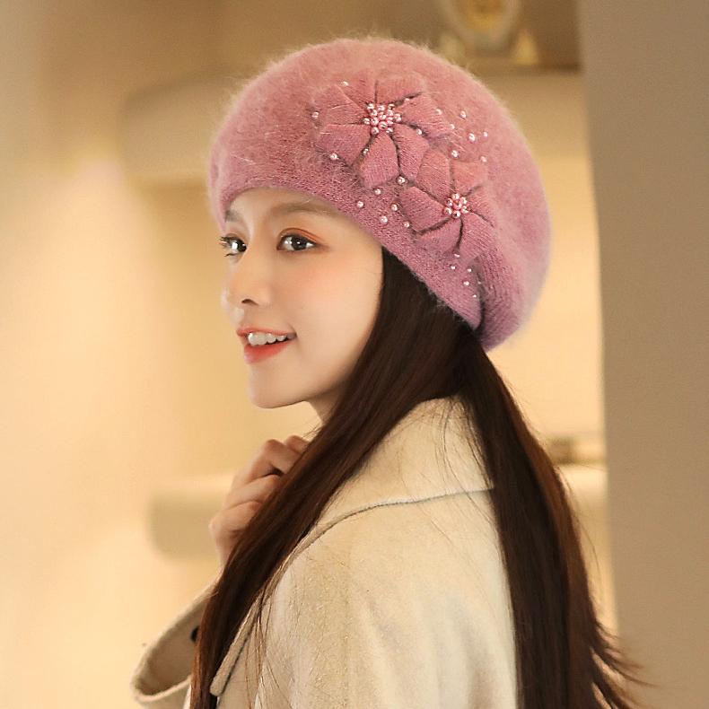 Autumn Winter Hats Korean Fashion Knit Thick Warm Rabbit Hair Hat Women's Knitted Hat Pearl Beret Caps