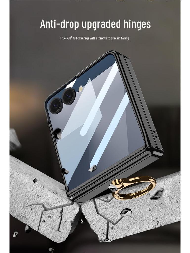 Samsung Z Flip7 Transparent Phone Case with Integrated Ring Buckle and Full-Cover Hinged Hard Shell