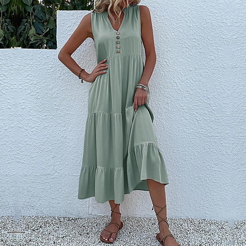 Sleeveless V Neck Casual Summer Women Dress Fashion Loose Elegant Office Ladies Dresses Layered Ruffled Solid A-line Female Dress 922