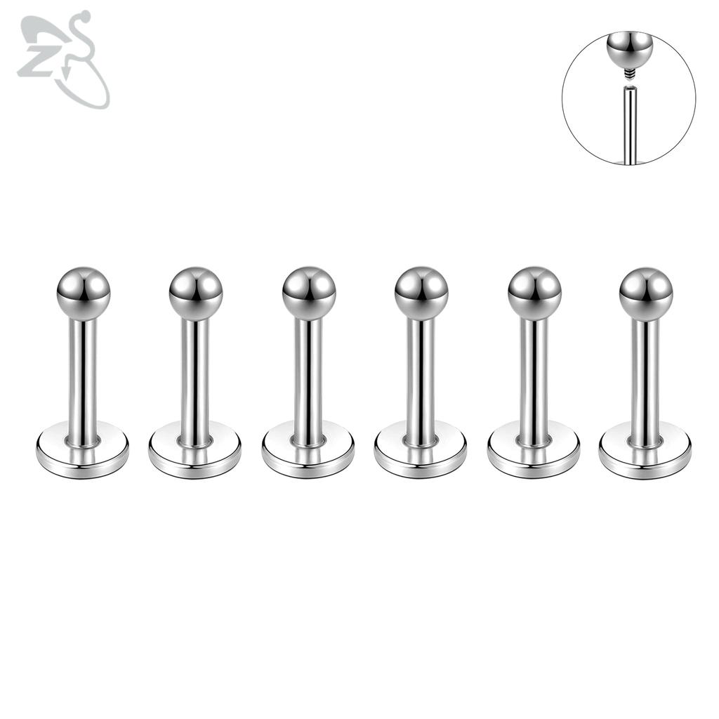 ZS 6 Pcs/lot Internal Thread 16G/18G Stainless Steel Labret Lip Piercing Men Ball Flat Back Earrings Cartilage Helix Piercings