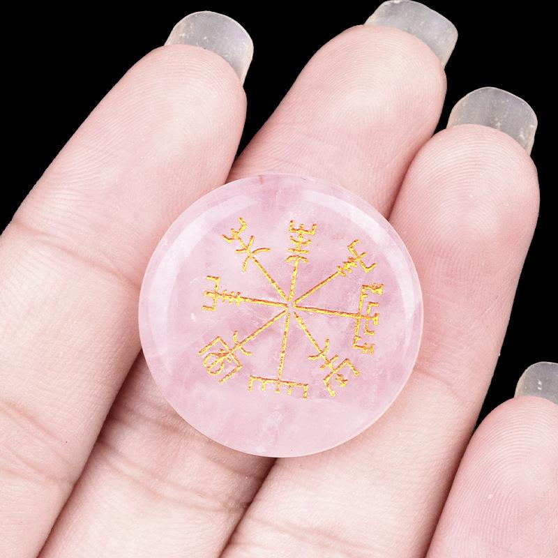 25mm Natural Crystal Stone Viking Compass Vegvisir Symbol Engraved Healing Crystals Round Flat Talisman Gemstone Home Decor Gift