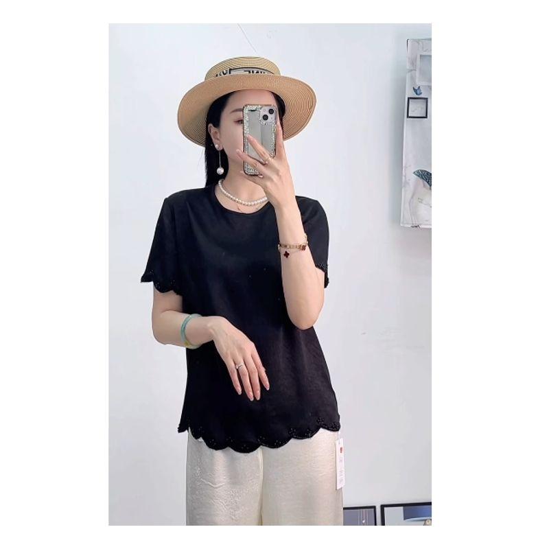 The Boutique Export Order Is Missing! Elegance Women's Beaded Gear Edge Round Neck Short Sleeve Satin Acetate Tencel T-shirt Summer