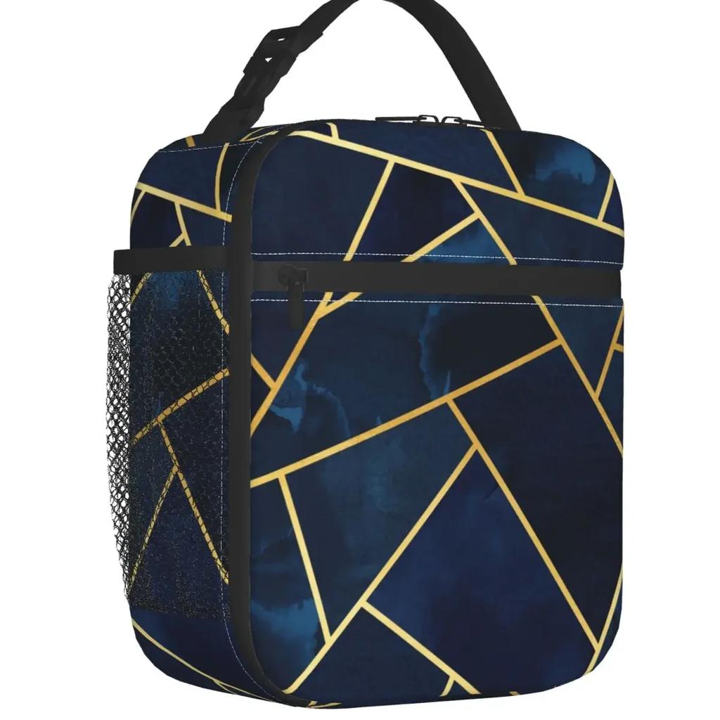 Grey Gold Geometry Art Deco Insulated Lunch Bag for Outdoor Picnic Abstract Geometry Portable Cooler Thermal Bento Box Women Kid