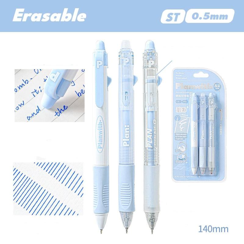 3pcs/set Cute Erasable Click Pen Pastel Kawaii Press 0.5mm Black Blue Ink Pen with Soft Grip Peach Juice Color Study Supplies