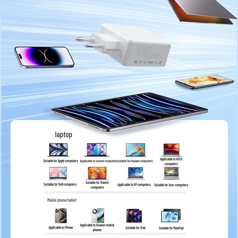 Быстрое зарядное устройство GaN с двумя портами USB-C мощностью 65 Вт для ноутбука и телефона