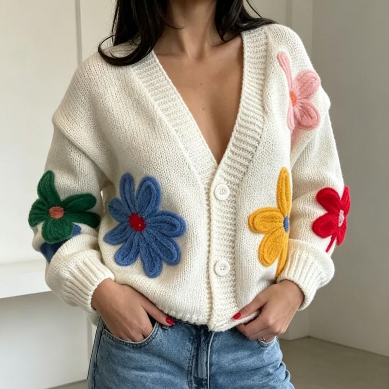 2026 Cute Flower Knit Cardigan Women Loose V-Neck Long Sleeve Sweater Coat