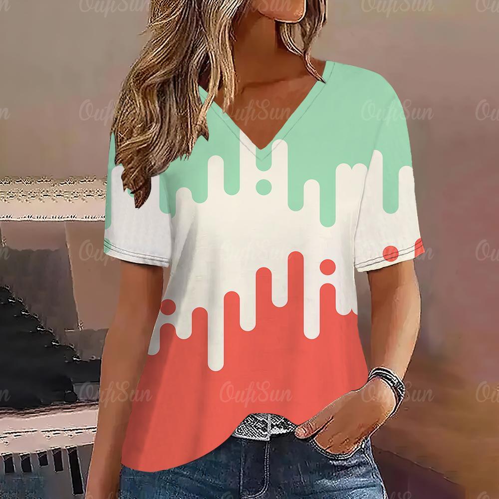 Футболка с коротким рукавом и v-образным вырезом с градиентом, модная женская футболка с принтом, базовые топы, уличная одежда, летняя одежда больших размеров, женские футболки