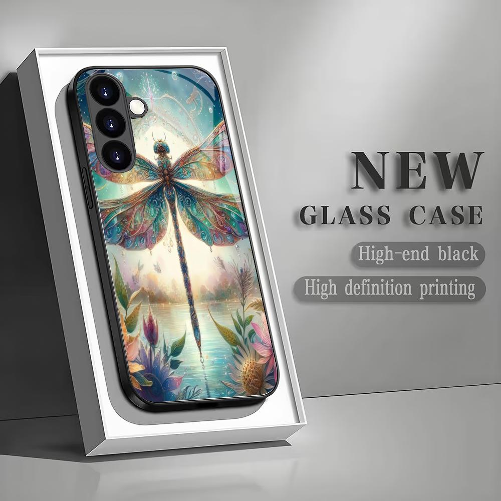 Закаленное стекло с узором стрекозы для телефона, подходит для Samsung GalaxyS26 S25 S24 S23 S22 S20FE/Ultra/Plus, противоударная задняя крышка