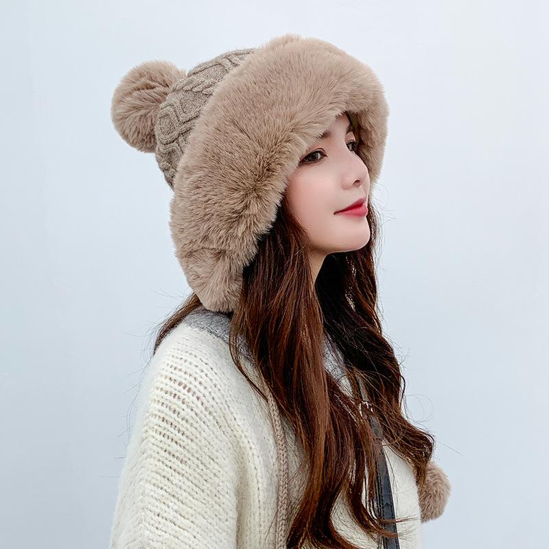 Women's Cashmere Hat Three Wool Balls Autumn Winter Cap Cute Fleece Thickened Warm Solid Knitted Hats