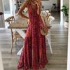 Women's Bohemian High Waist Strap V Neck Plus Size Printed Long Dress