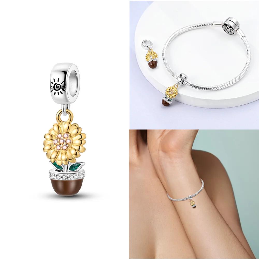 Flower Charms Sunflower Tulip Copper Pendants Fit Original Pan Bracelet Making Jewelry Baeds Fine Gift Accessory