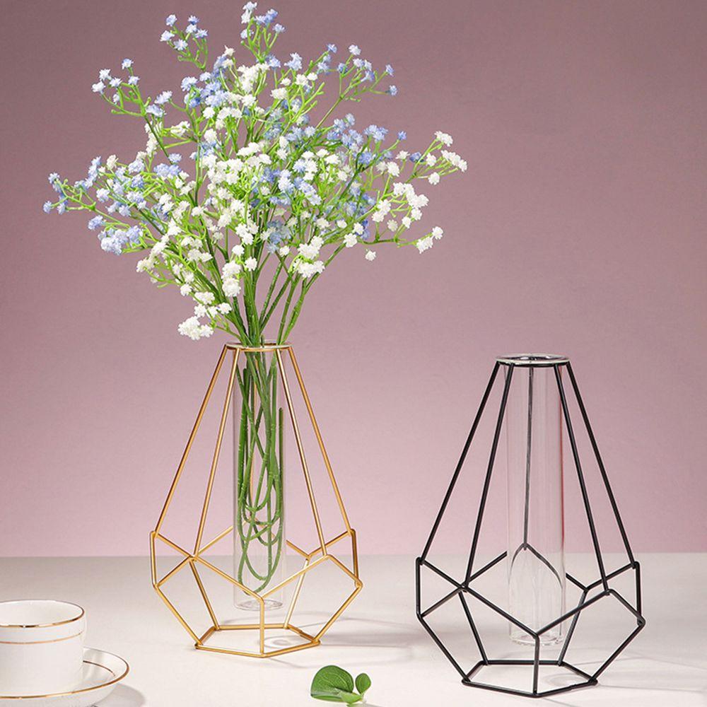 Nordic Styles Hydroponic Flower Vase Geometric Line Frame Iron Art Vase Glass Test Tube Metal Holder Home Decoration Craft Gift
