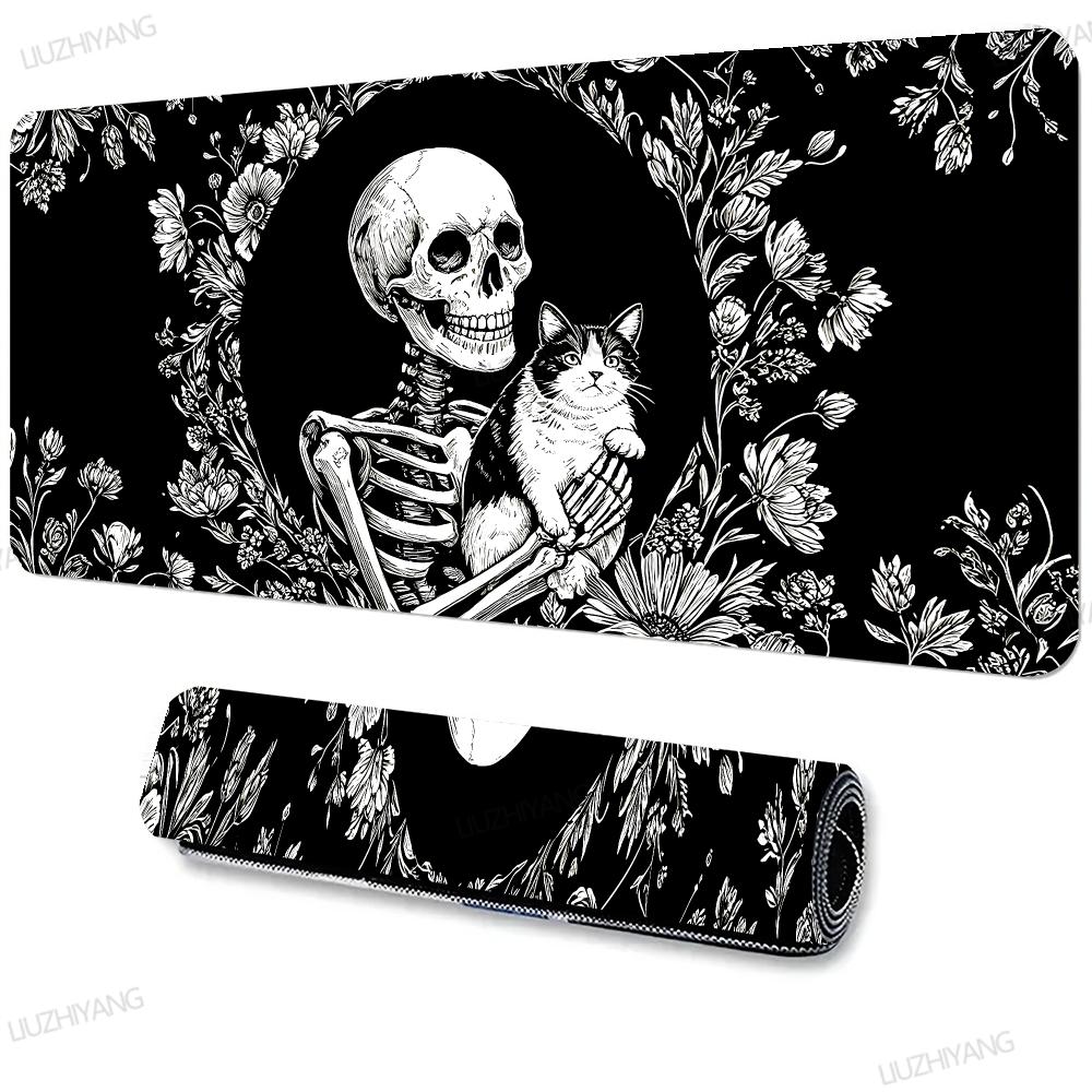 Skeleton Hold Cat Mouse Pad Black White Large Gaming Desk Mat Non-Slip Rubber Keyboard Pads XXL Office Game Accessories TableMat