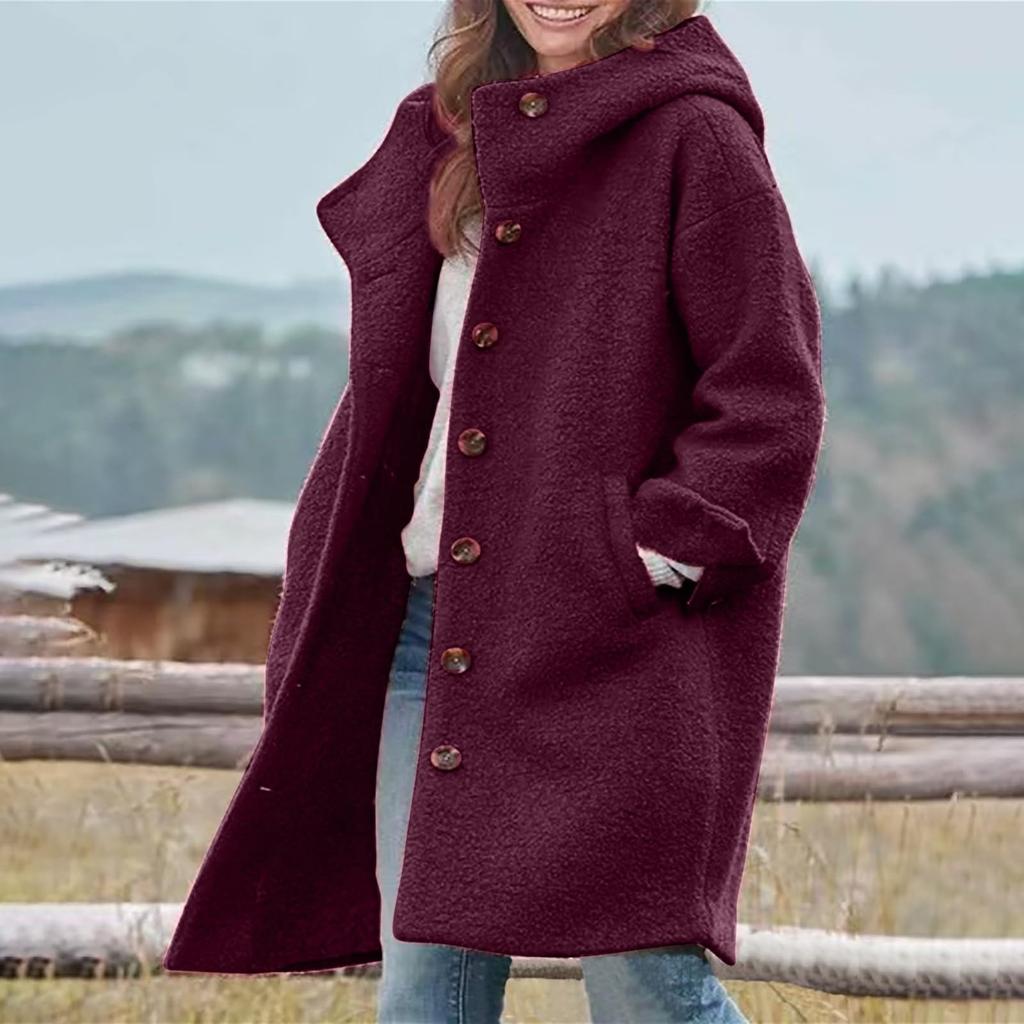 Womens Solid Color Jacket Casual Loose Fit Button Coats Button Up Long Sleeve Outerwear With Pocket, Hooded Overcoat