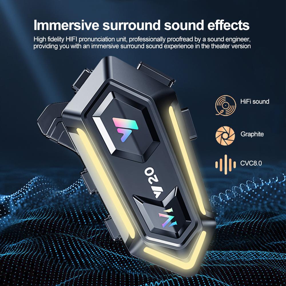 Мотоциклетная Bluetooth-гарнитура для шлема V5.3 RGB с разноцветной подсветкой, водонепроницаемые наушники, поддержка подключения 2 телефонов одновременно