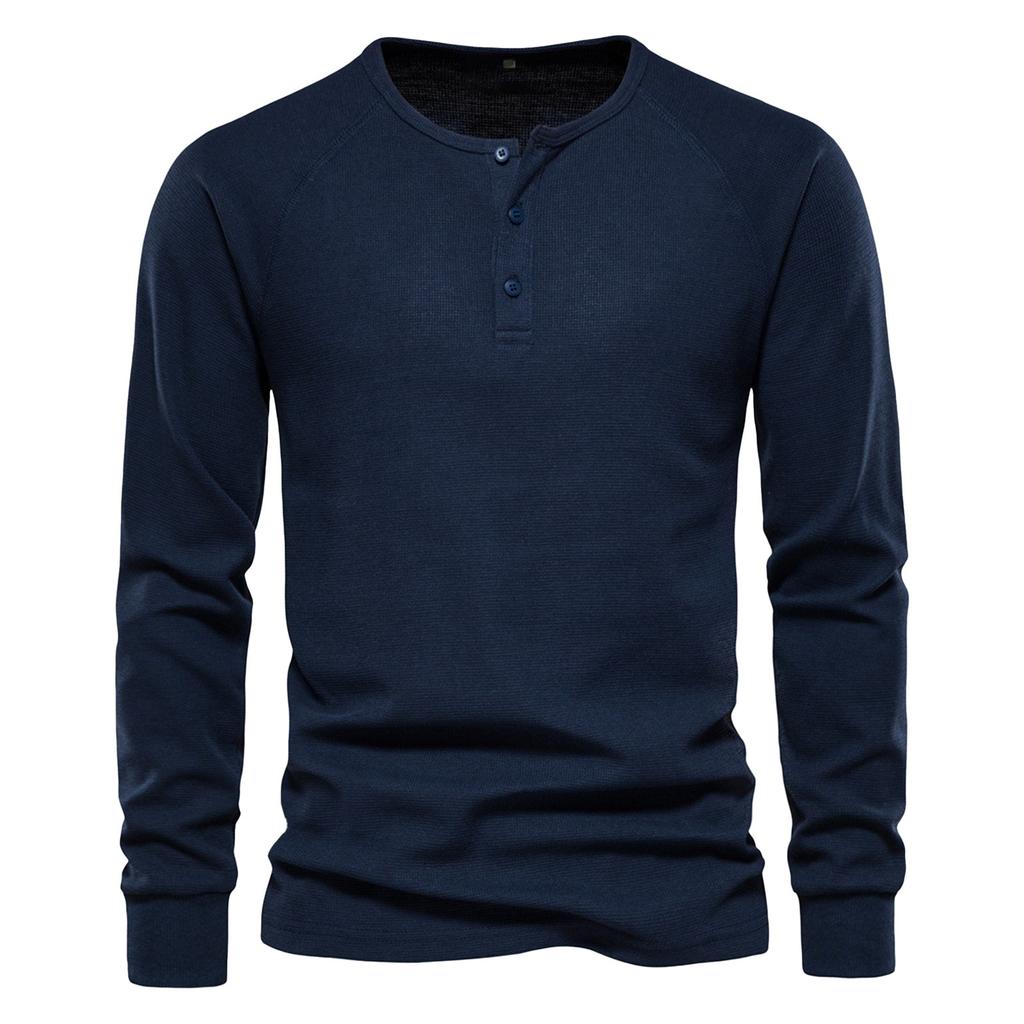 Men's Round Neck Button Long Sleeve Shirt Men's Casual Fashion Solid Color Shirt