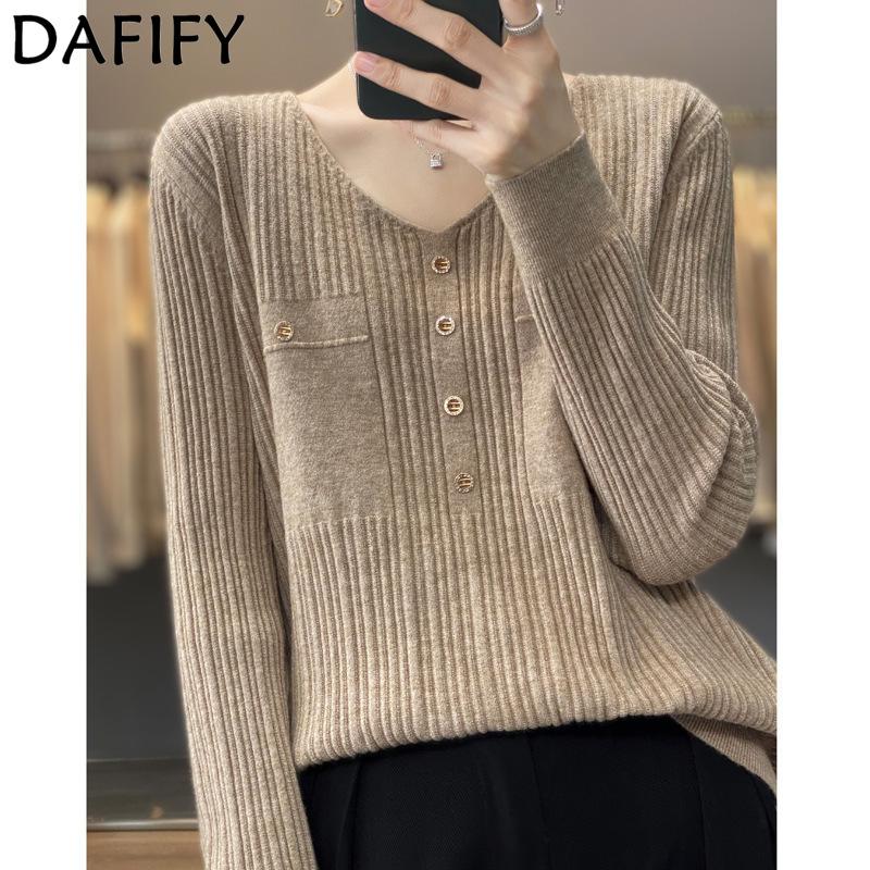 DAFIFY Women's Fashion Casual Fall Winter Solid Color Print Long Sleeve V-Neck Sweaters