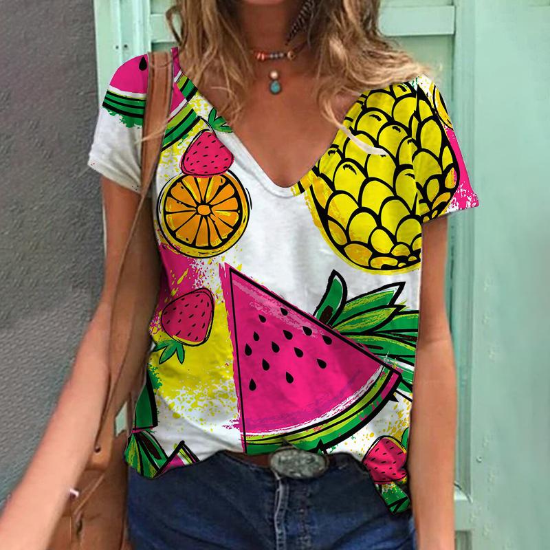 Лето 2023, футболка с 3D растительным принтом и фруктами, женская футболка с v-образным вырезом, топ Kawaii, уличный женский свободный модный универсальный топ в стиле Харадзюку, 2023 г.