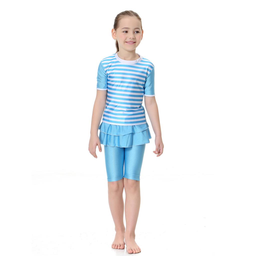 Girls Muslim Swimwears Split Two-piece Swimming Suit Short Sleeve Striped Kids Swimsuit