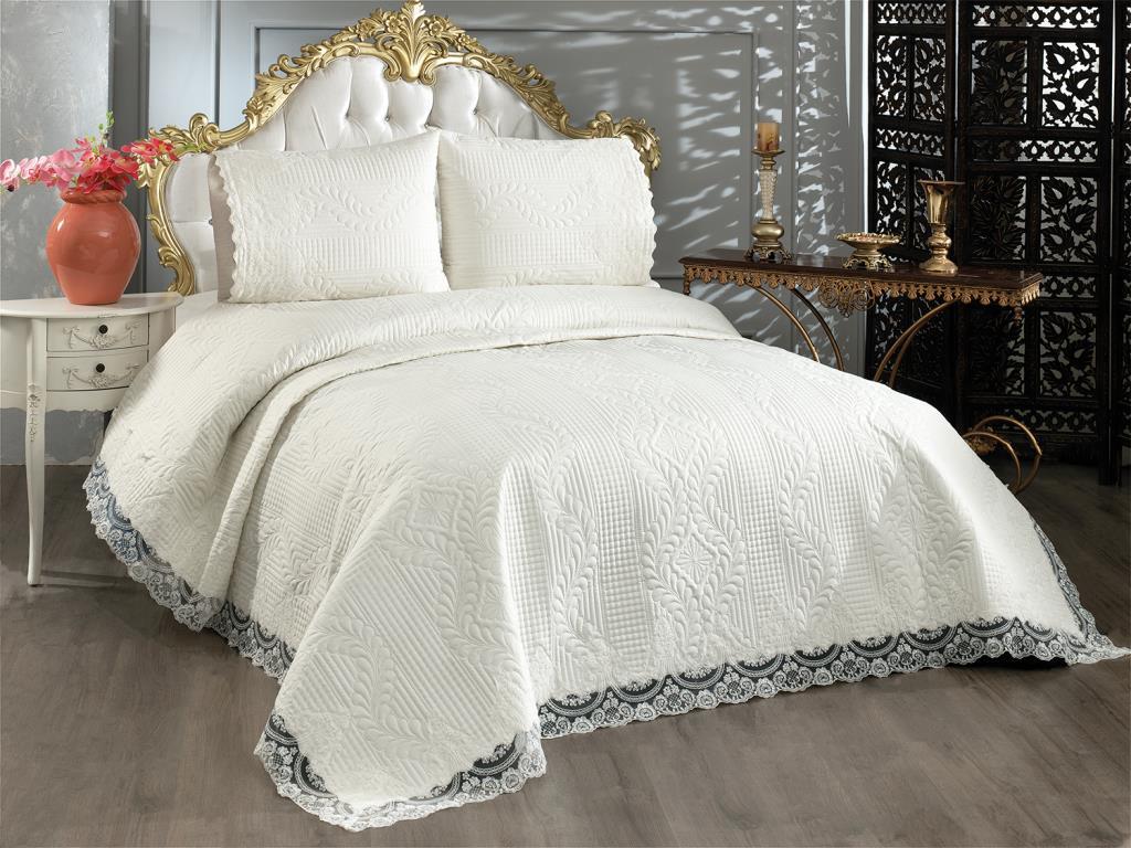Smirna Quilted Bedspread Set, Coverlet 240x260, Pillowcase 50x70, Double Size, Laced, Cream