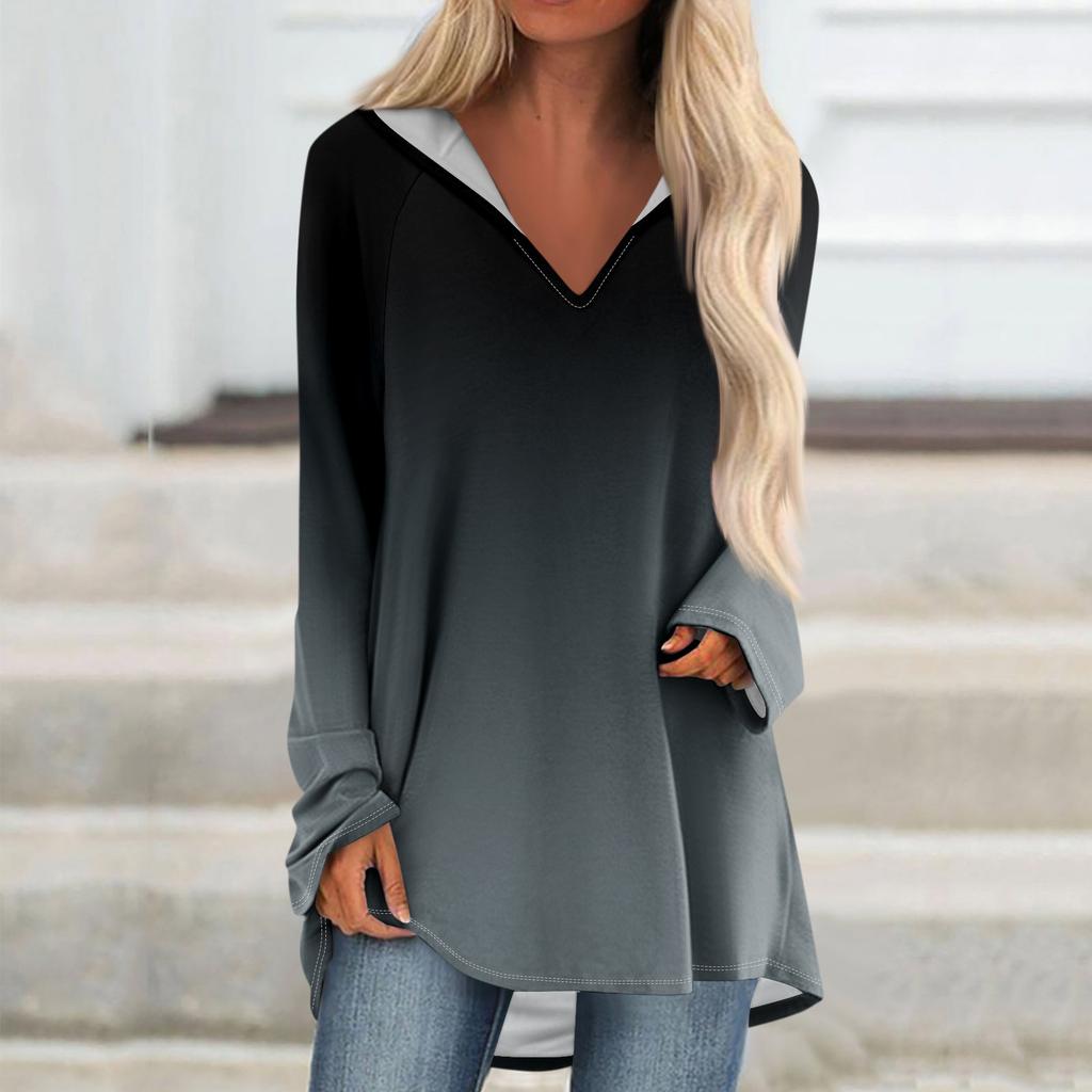 Women's V-neck Hooded Loose Long-sleeved Tops Casual Tops Home Leisure Pajamas Tops