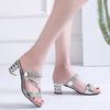 Summer New Rhinestone Mid Heel Womens Sandals Fashionable And Versatile Open Toed One-Piece Slippers High Heels Large Size 35-43