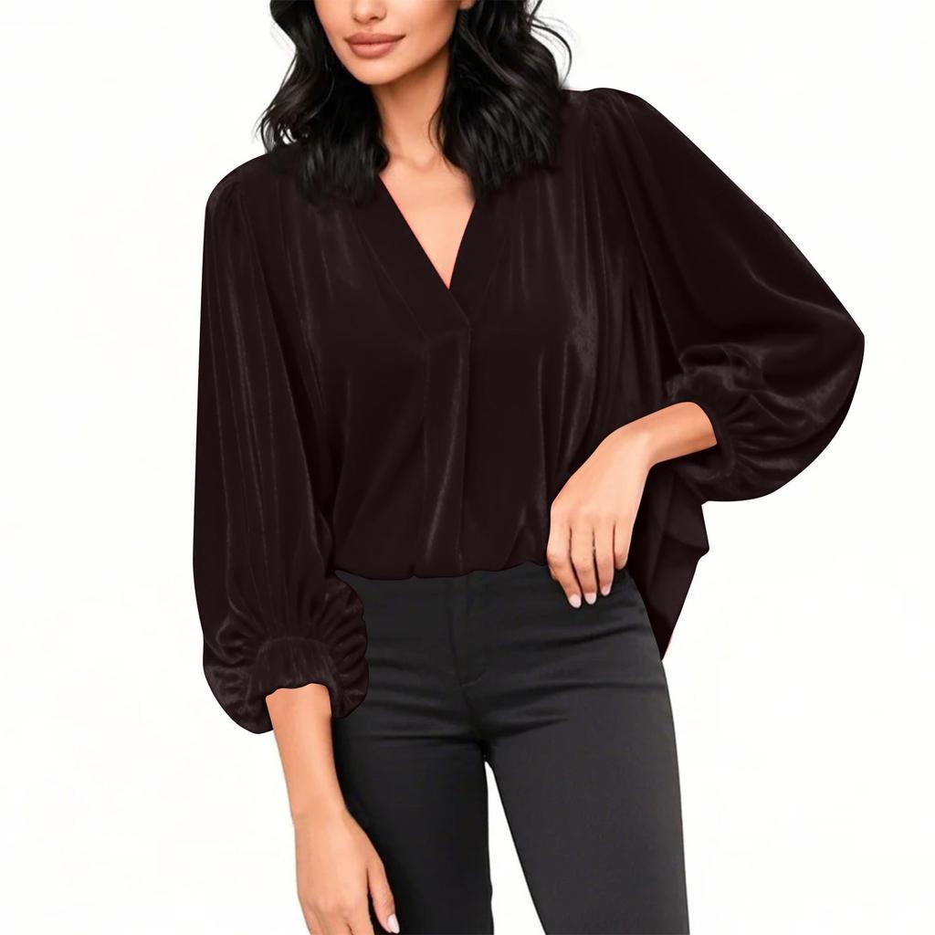 Женские бархатные топы с V-образным вырезом и рукавами-фонариками 3/4, модные нарядные повседневные свободные рубашки для рождественской вечеринки и праздника