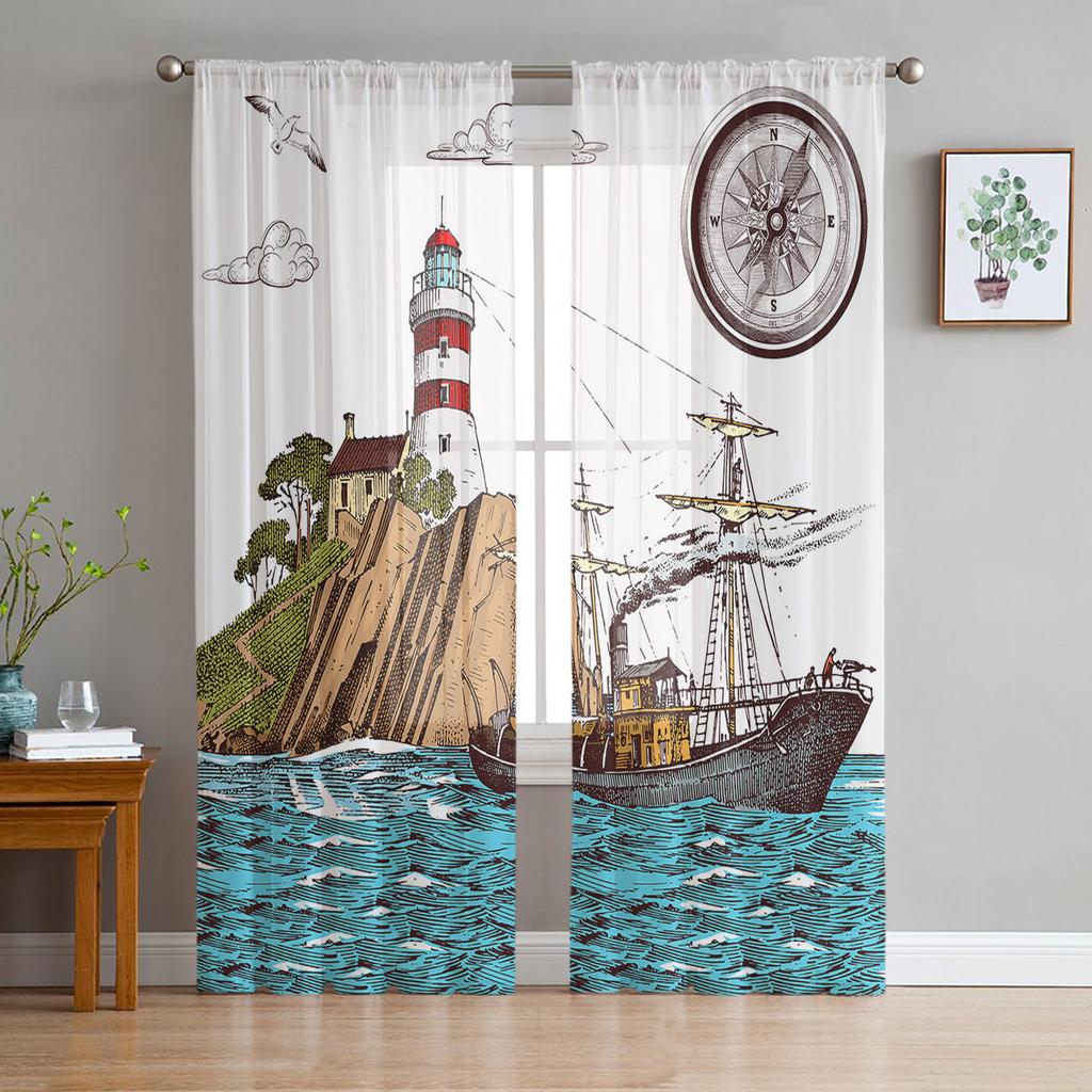 Retro Illustration Lighthouse Sailing Ship Sheer Curtains for Living Room Decor Window Curtains Kitchen Tulle Voile Curtains