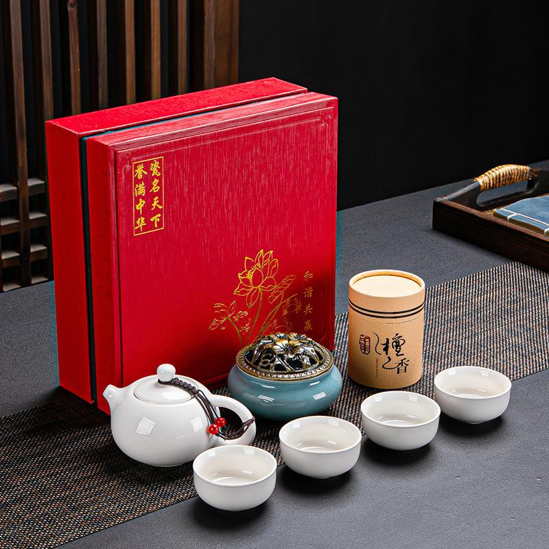 Guochao Ceramic Tea Set, One Pot, Two Cups and Four Cups Travel Gift Box Set.