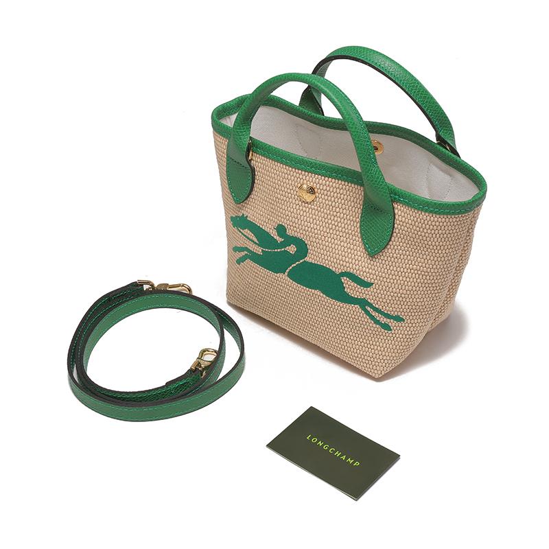 Longchamp Le Pliage Paris 15 Вышитый логотип Цветные блоки Солома Лен Смесь Кожа Пельмень Плечевая сумка-тоут Мини Женские сумки Хаки Зеленый 10162HYT129