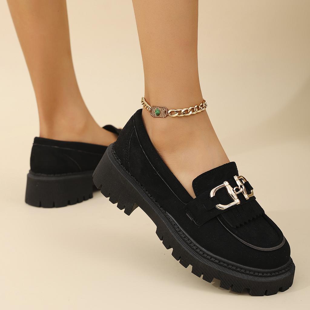 НОВЫЕ женские туфли-лоферы весна/осень с круглым носком и толстым каблуком, туфли из овечьей замши для женщин, ретро-туфли на платформе с металлической пряжкой
