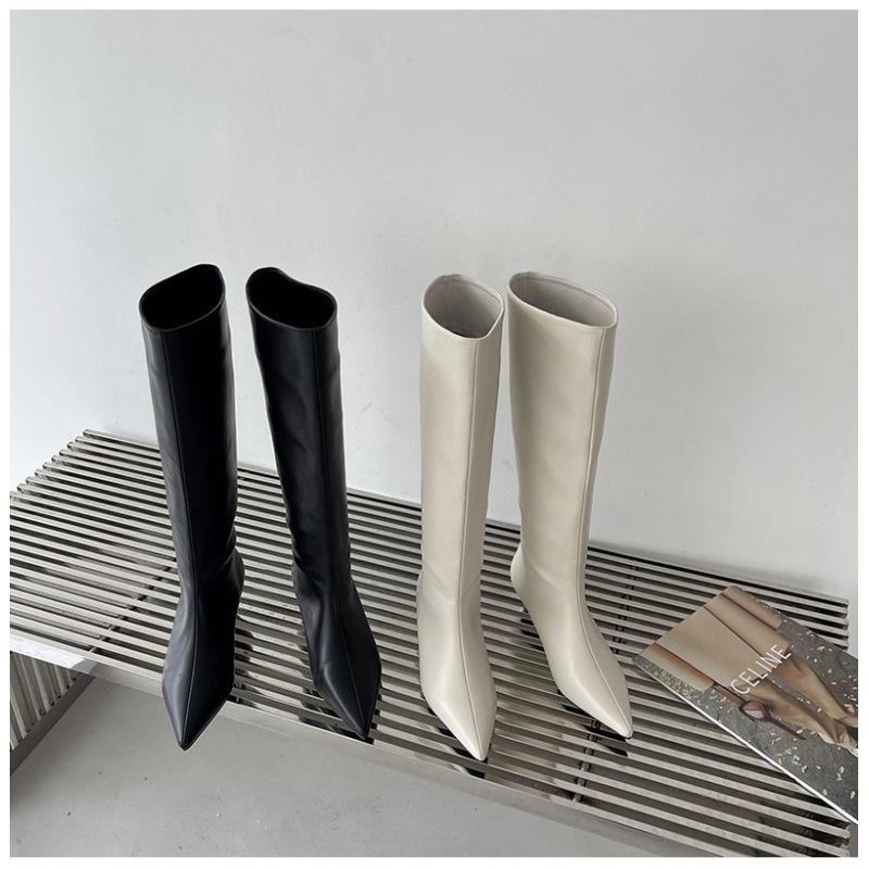 2025 Spring and Autumn New Fashion Versatile Simple Fashion Wide Boots Korean Version Pointed Sleeve High Boots Soft Leather