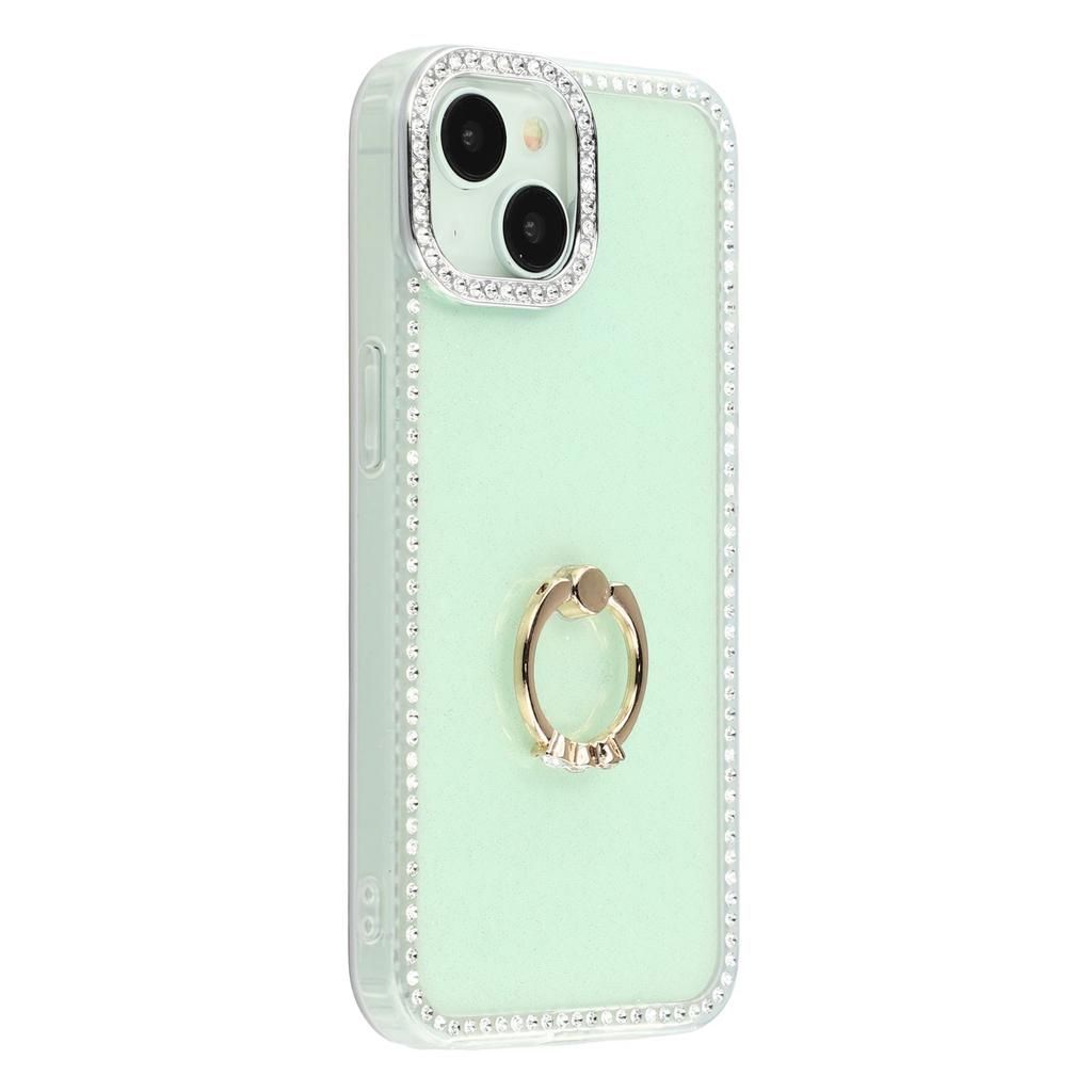 For iPhone 14/13 Case with Ring Kickstand Rhinestone Edge TPU+PC IMD Phone Cover