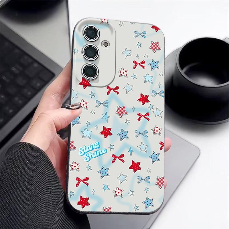 Чехол со звездочками и бантами для Samsung Galaxy A57 A37 A17 A56 A36 A26 A16 A55 A35 A15 A54 A34 A14 5G Силиконовый чехол с текстурой кожи