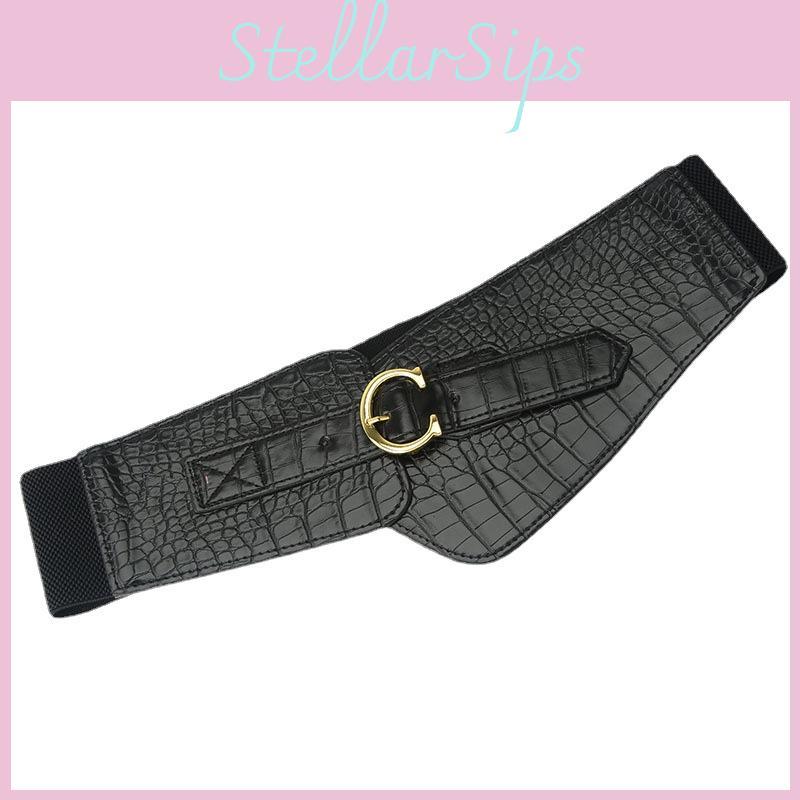Womens Wide Leather Belt With Stitching Detail For Elegant Casual And Formal Outfits
