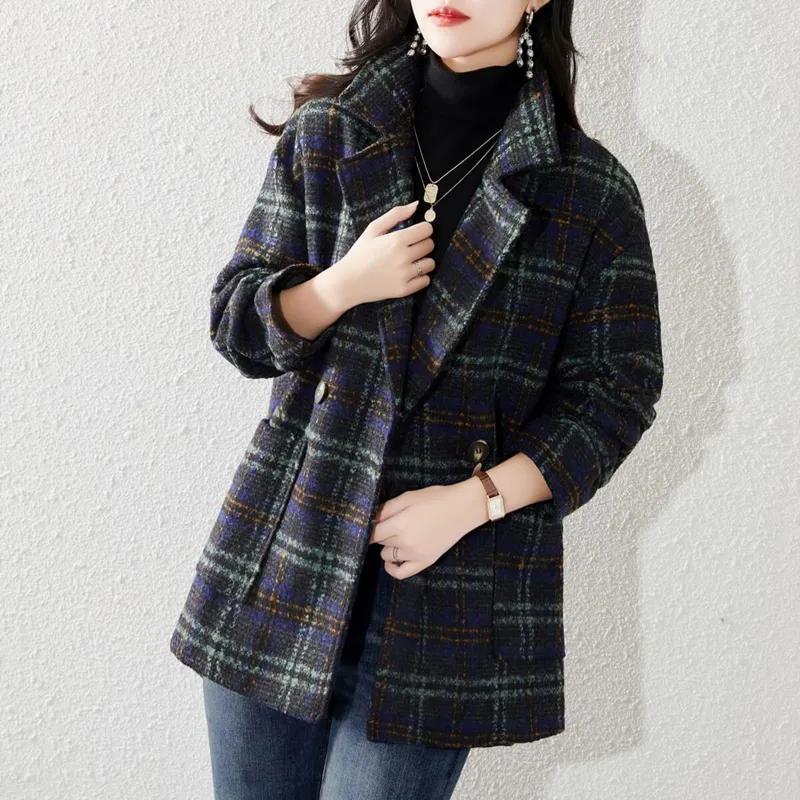 Женское осенне-зимнее свободное повседневное клетчатое пальто с воротником-стойкой, пальто с темпераментом