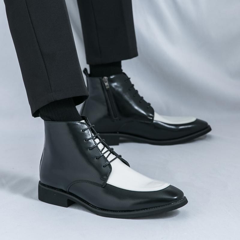 Fashion Black and White High Top Leather Shoes Fashionable and Trendy Men's Style Outdoor Business Party Evening Party Office Shoes New