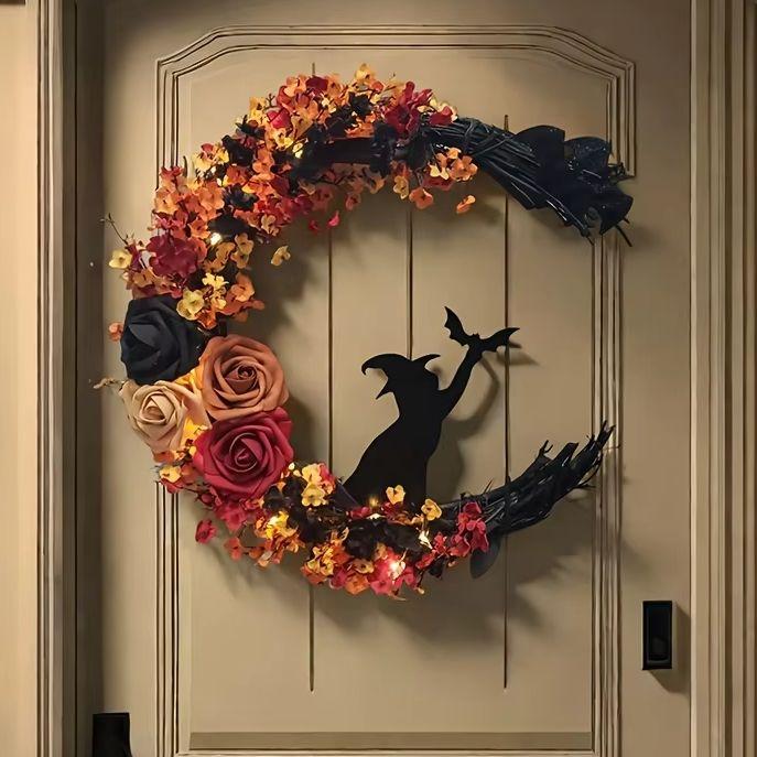 1pc Gothic Halloween Wreath - Witch Cat Moon Silhouette with Autumn Leaves & Roses, Halloween Decorations, Moonlit Night Theme