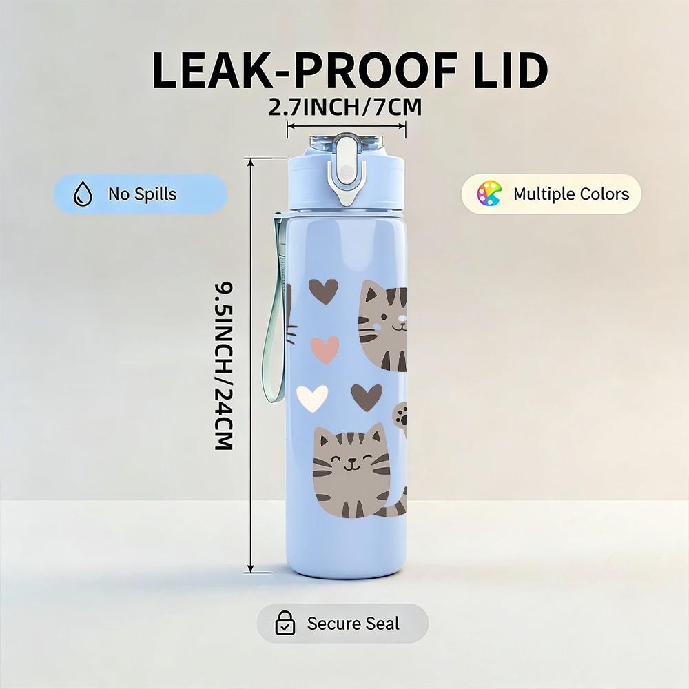 1PC Grey Cat Heart Patchwork Pattern 750ml Color Plastic Sports Water Bottle Leakproof Flip Straw Lid Suitable for Sports Office Home Use