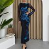 Autumn Elegant Long Dress Fashion Temperament Slim Print Mesh Patchwork Dress Women