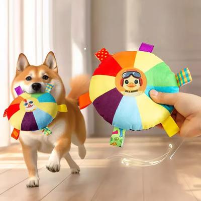 Мягкая игрушка для собак «Летающий диск», радужная плюшевая летающая тарелка, игрушка для домашних животных с колокольчиком, интерактивная игрушка для дрессировки щенков на свежем воздухе, для жевания, для маленьких, средних и больших собак