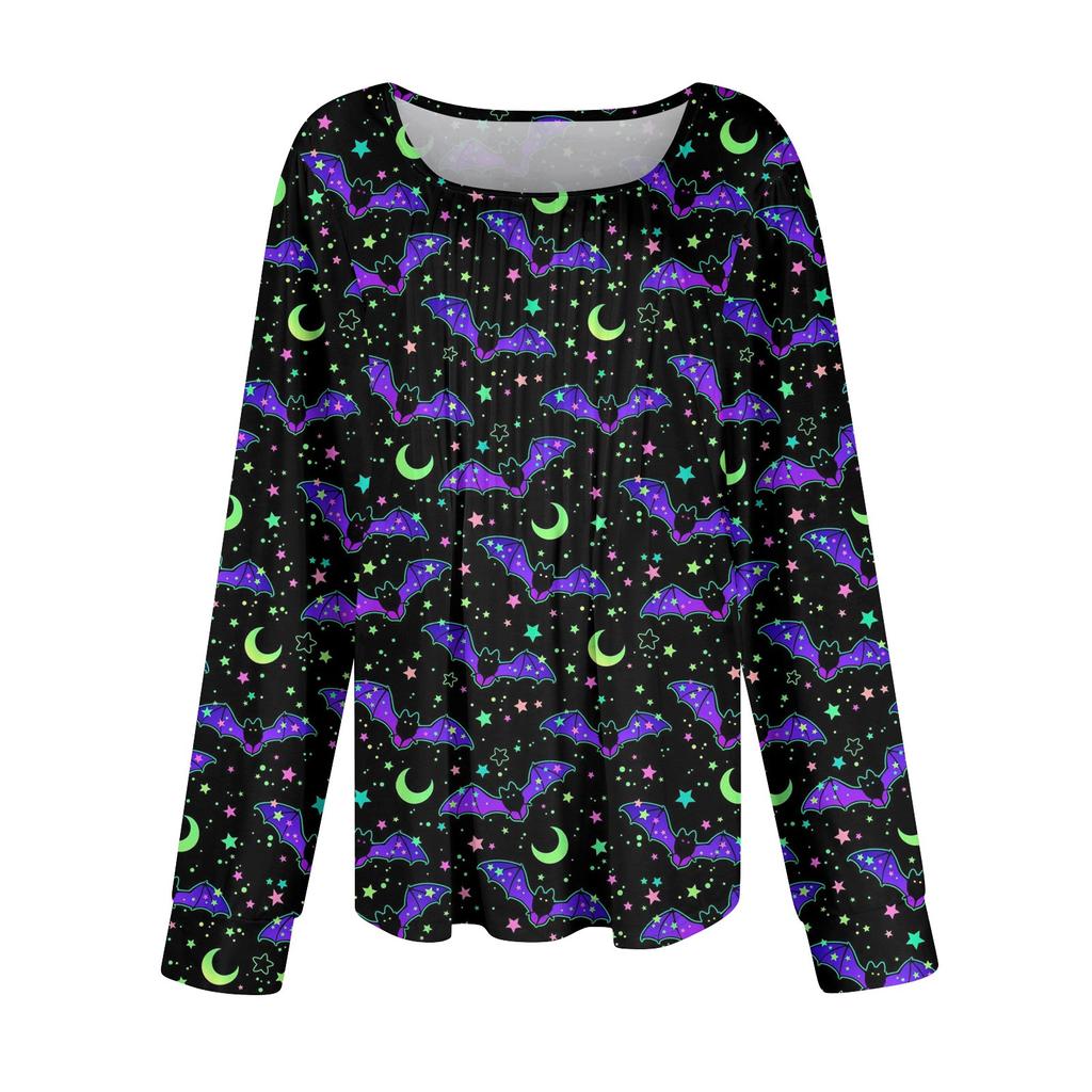 Long Sleeve Shirts For Women Cute Print Graphic Tees Blouses Dressy Casual Blouses Pleated Scooped Neck Tunic Tops Halloween
