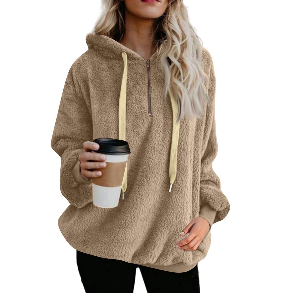 Женская модная однотонная толстовка с капюшоном и длинными рукавами на молнии из плюша