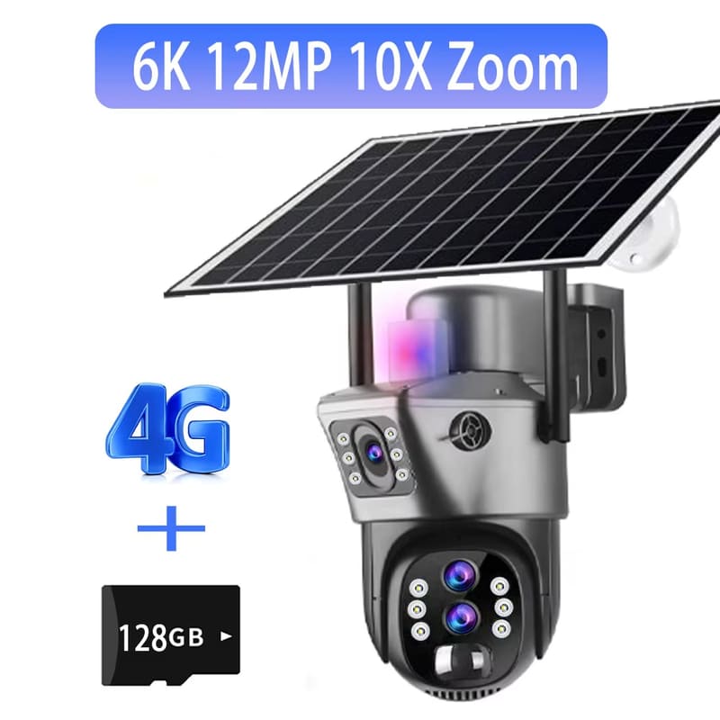 LS VISION Solar Outdoor Surveillance Camera 4G Sim 6K 12MP Three Lens 10 Digital Zoom Wireless Cctv PTZ IP66 Security Solar Panel Cameras