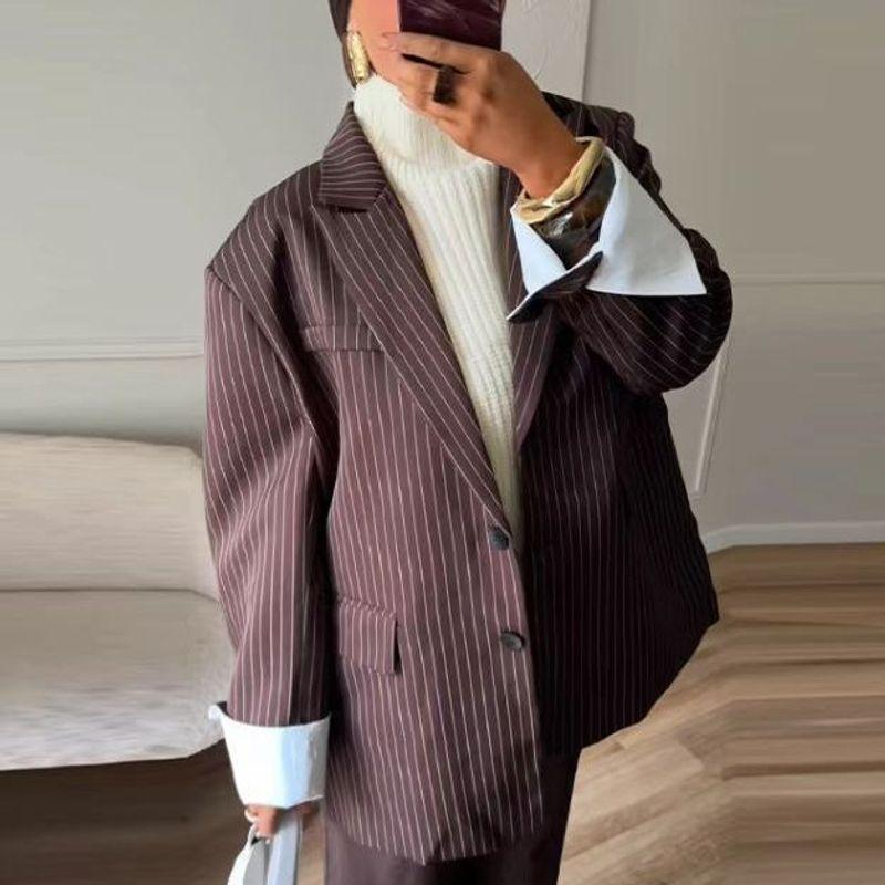 За Новая осенняя женская одежда 2025 Мода Ветер Мода Свободный крой Костюм в полоску Верхняя одежда 1255789