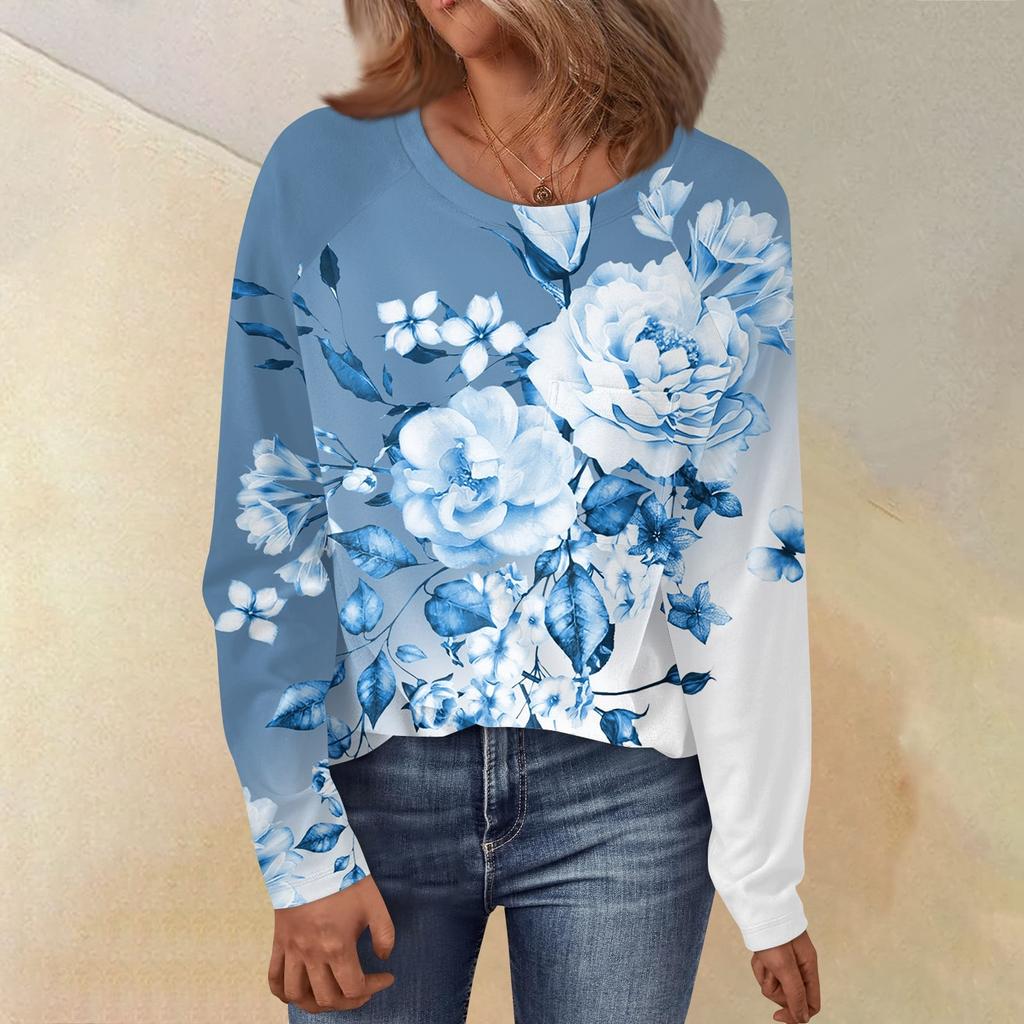 Женский свободный топ с круглым вырезом, цветочным принтом и длинными рукавами